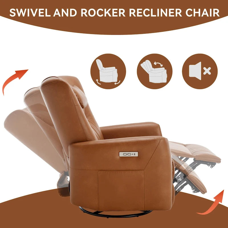Leatheraire Swivel and Rocker Power Recliner Chair, Modern Single Recliner w/Lumbar & Neck Support Pillow, USB and Type-C Ports