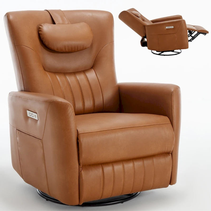Leatheraire Swivel and Rocker Power Recliner Chair, Modern Single Recliner w/Lumbar & Neck Support Pillow, USB and Type-C Ports