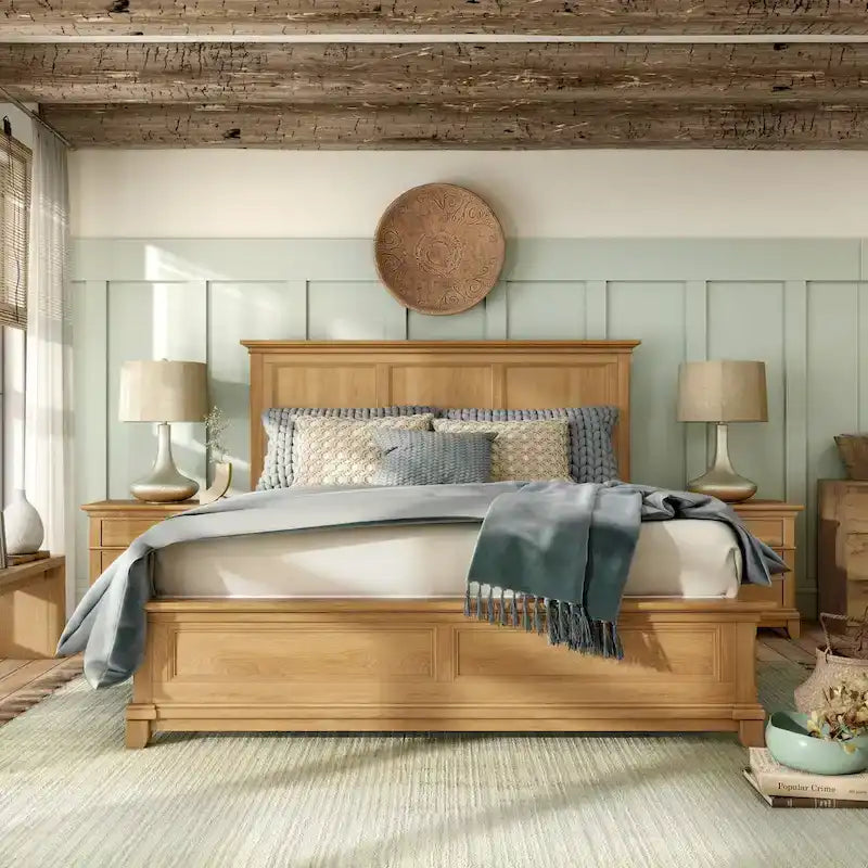 Furniture of America Wellington Farmhouse Natural Oak Solid Wood Panel Bed