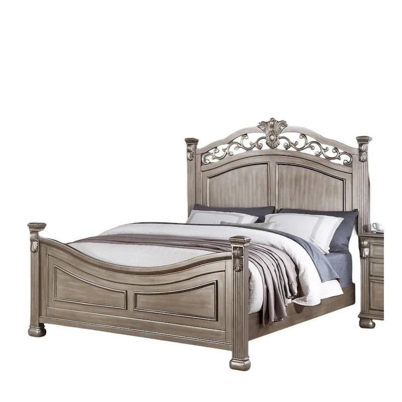 Formal Traditional Antique Silver 1pc California King Size Bed Unique Design Headboard Footboard Bedframe