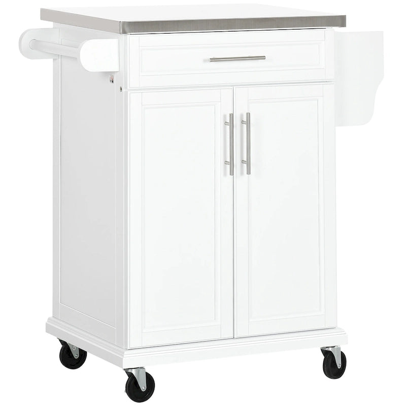 Kitchen Island on Wheels, Rolling Kitchen Cart with Stainless Steel Countertop, Drawer, Towel Rack and Spice Rack