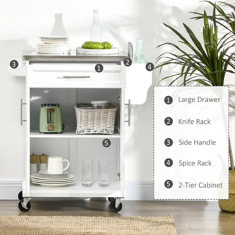 Kitchen Island on Wheels, Rolling Kitchen Cart with Stainless Steel Countertop, Drawer, Towel Rack and Spice Rack