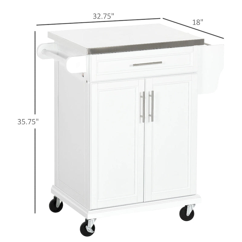 Kitchen Island on Wheels, Rolling Kitchen Cart with Stainless Steel Countertop, Drawer, Towel Rack and Spice Rack