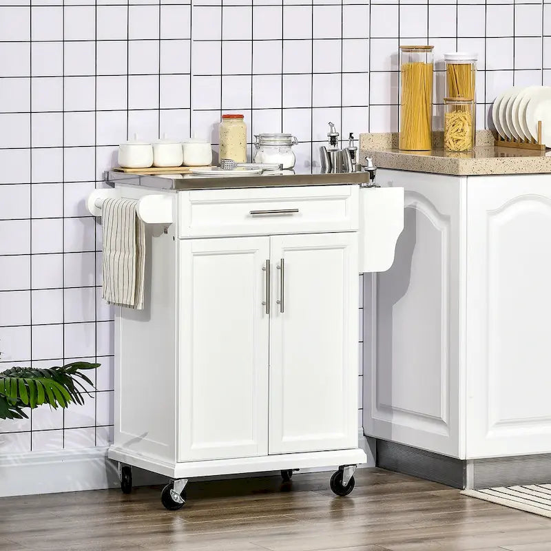 Kitchen Island on Wheels, Rolling Kitchen Cart with Stainless Steel Countertop, Drawer, Towel Rack and Spice Rack