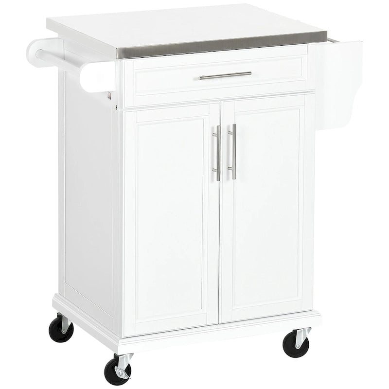 Kitchen Island on Wheels, Rolling Kitchen Cart with Stainless Steel Countertop, Drawer, Towel Rack and Spice Rack