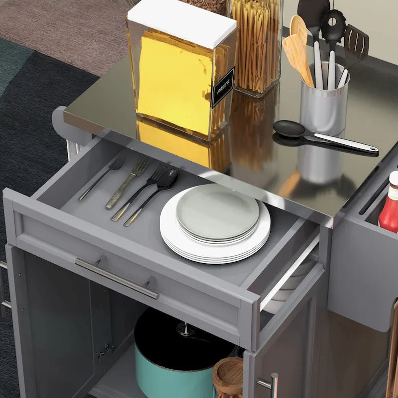 Kitchen Island on Wheels, Rolling Kitchen Cart with Stainless Steel Countertop, Drawer, Towel Rack and Spice Rack