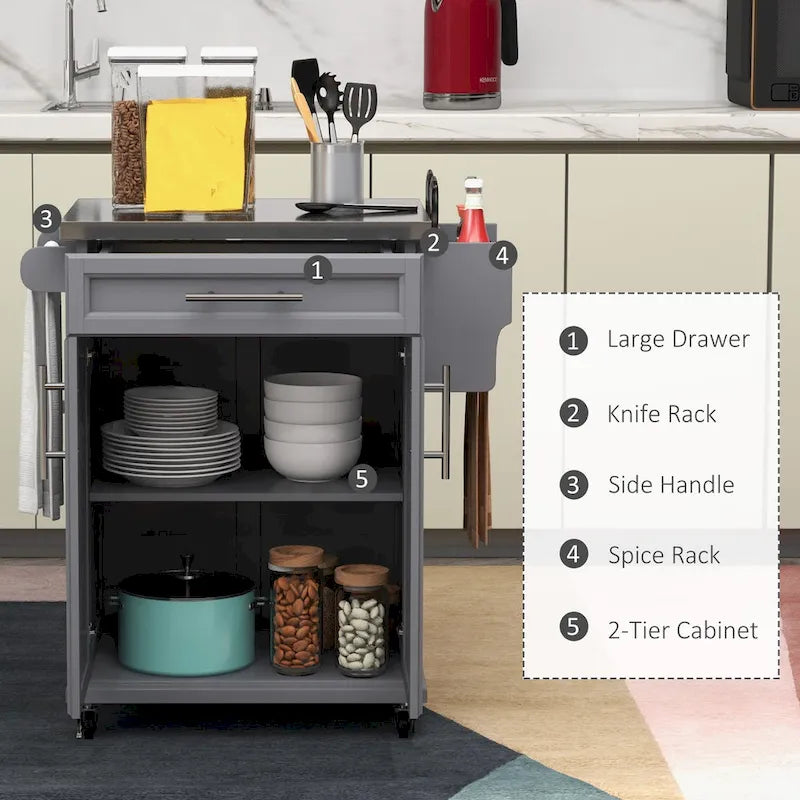 Kitchen Island on Wheels, Rolling Kitchen Cart with Stainless Steel Countertop, Drawer, Towel Rack and Spice Rack