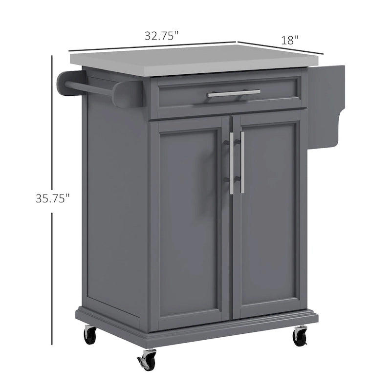 Kitchen Island on Wheels, Rolling Kitchen Cart with Stainless Steel Countertop, Drawer, Towel Rack and Spice Rack