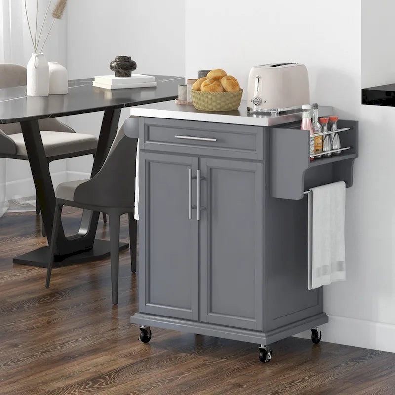 Kitchen Island on Wheels, Rolling Kitchen Cart with Stainless Steel Countertop, Drawer, Towel Rack and Spice Rack