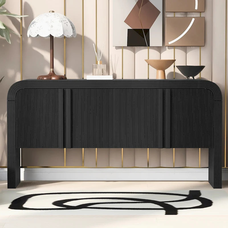Arched Storage Cabinet Sideboard with 4 Stripes Doors and Adjustable Shelves, Modern Entryway Cabinets with Pine Leg