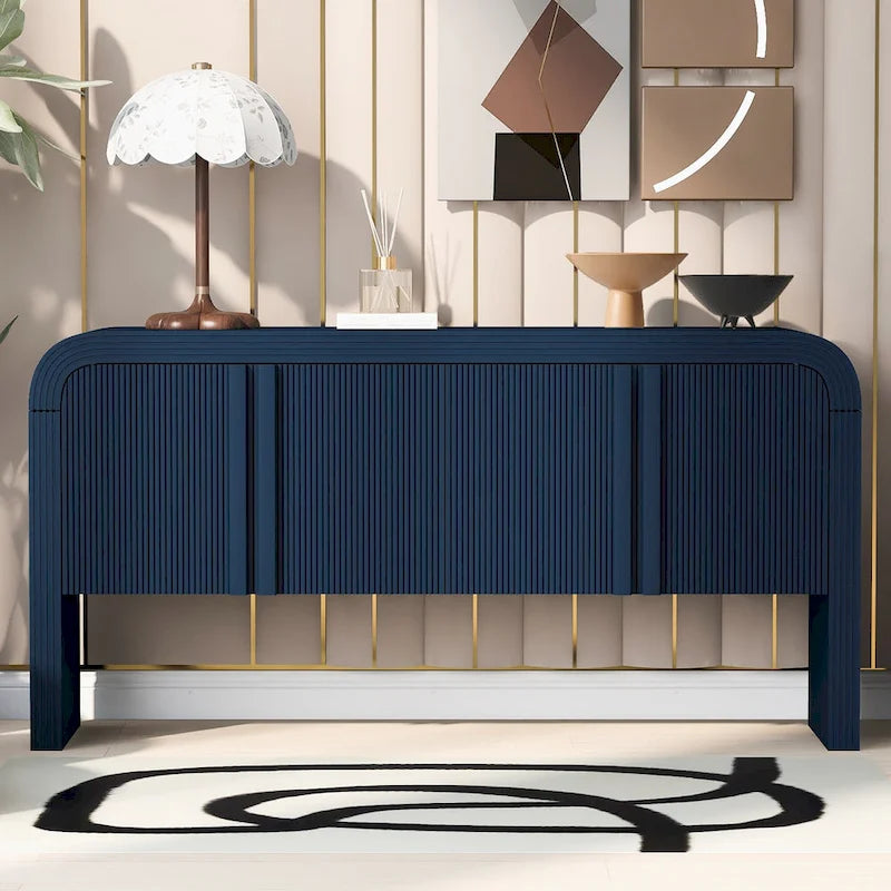Arched Storage Cabinet Sideboard with 4 Stripes Doors and Adjustable Shelves, Modern Entryway Cabinets with Pine Leg