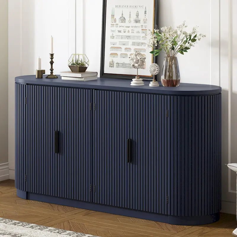 Accent Cabinet with 4 Vertical Striped Door and Metal Handles, Entryway Cabinets Storage Sideboard with Adjustable Shelves