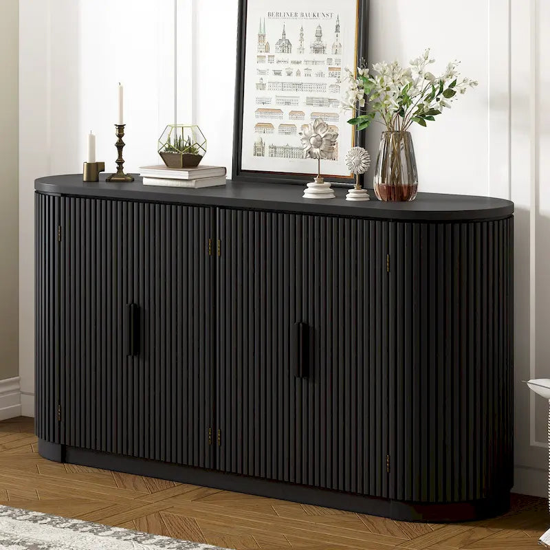 Accent Cabinet with 4 Vertical Striped Door and Metal Handles, Entryway Cabinets Storage Sideboard with Adjustable Shelves