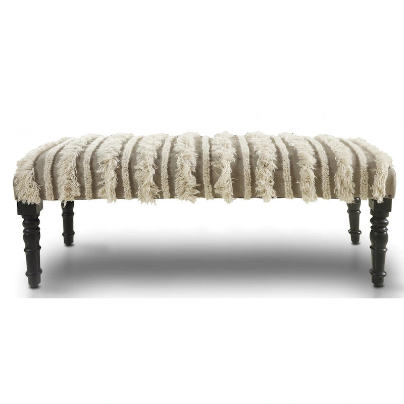Wood Cream Cotton Upholstered Bedroom Bench Striped Pattern Nailhead Trim - 16 D X 47 W x 18 H