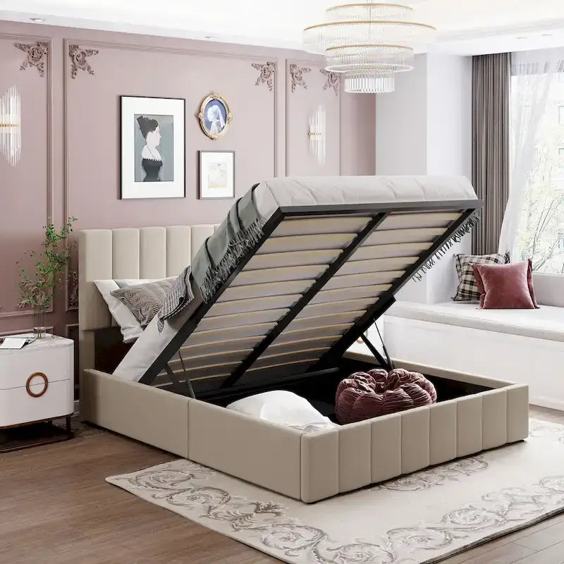 Queen Size Linen Platform Bed - Hydraulic Lift Platform with Hidden Compartment, Solid Pine Wood Frame