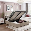 Queen Size Linen Platform Bed - Hydraulic Lift Platform with Hidden Compartment, Solid Pine Wood Frame