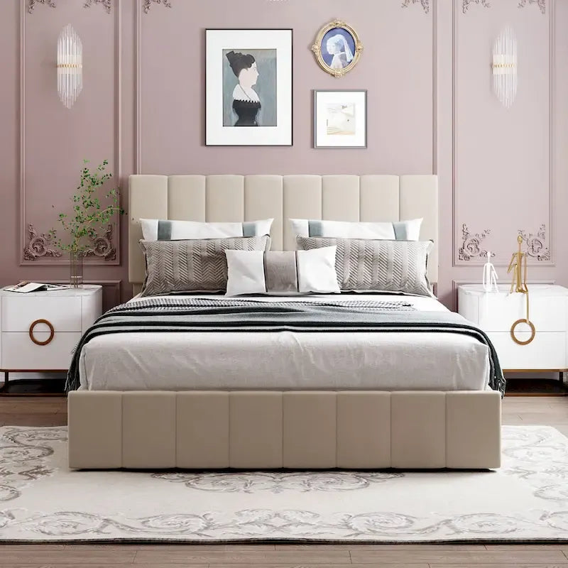 Queen Size Linen Platform Bed - Hydraulic Lift Platform with Hidden Compartment, Solid Pine Wood Frame