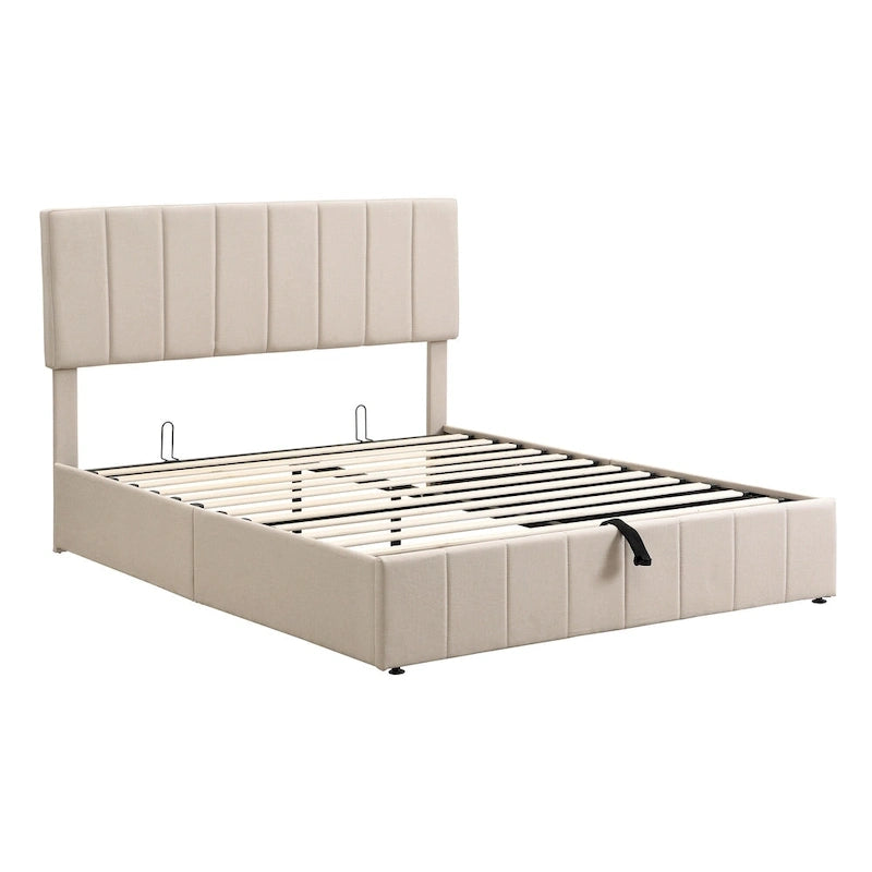 Queen Size Linen Platform Bed - Hydraulic Lift Platform with Hidden Compartment, Solid Pine Wood Frame