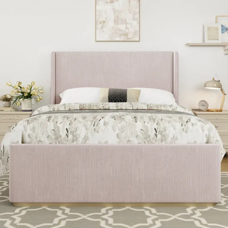 King Size Corduroy Upholstered Bed with 47 Wingback Headboard & Metal/Wood Frame (No Box Spring Needed)
