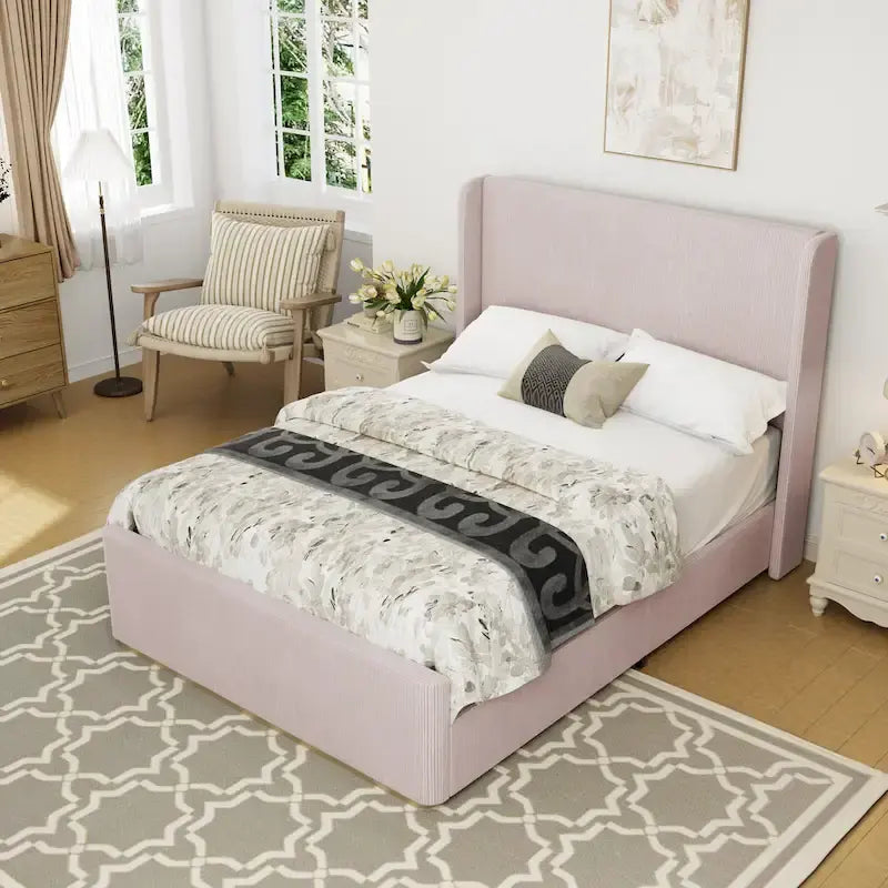 King Size Corduroy Upholstered Bed with 47 Wingback Headboard & Metal/Wood Frame (No Box Spring Needed)