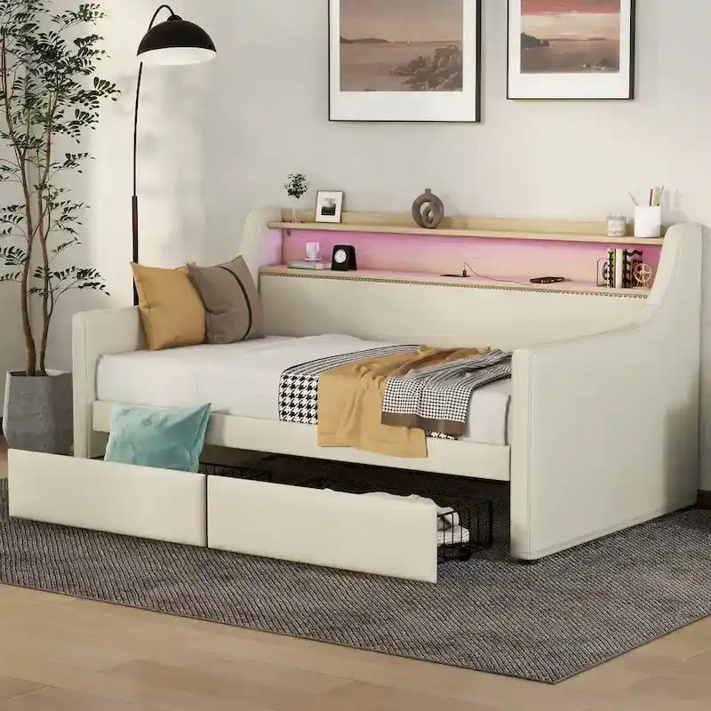Twin Size Upholstered Daybed with Storage and LED