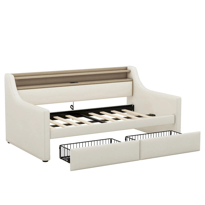 Twin Size Upholstered Daybed with Storage and LED
