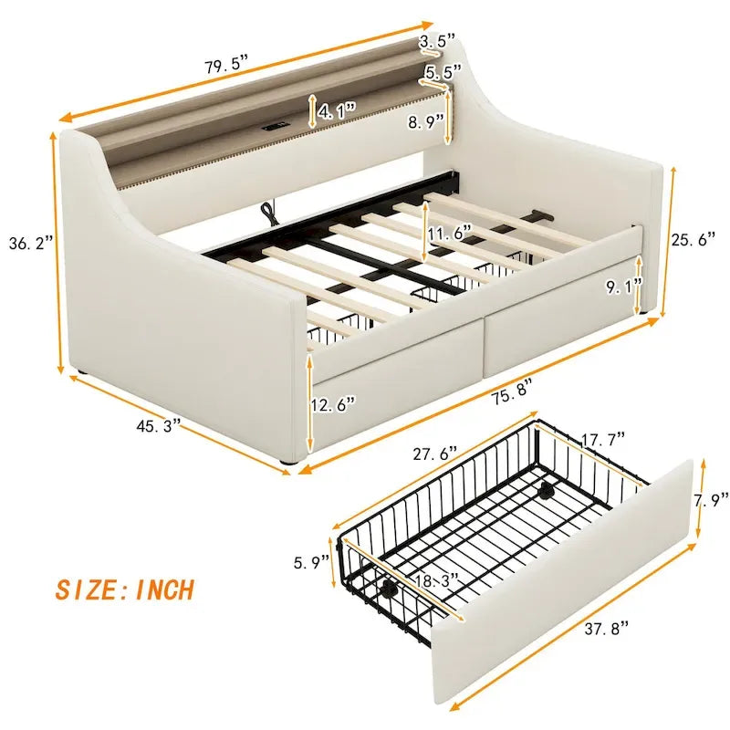 Twin Size Upholstered Daybed with Storage and LED