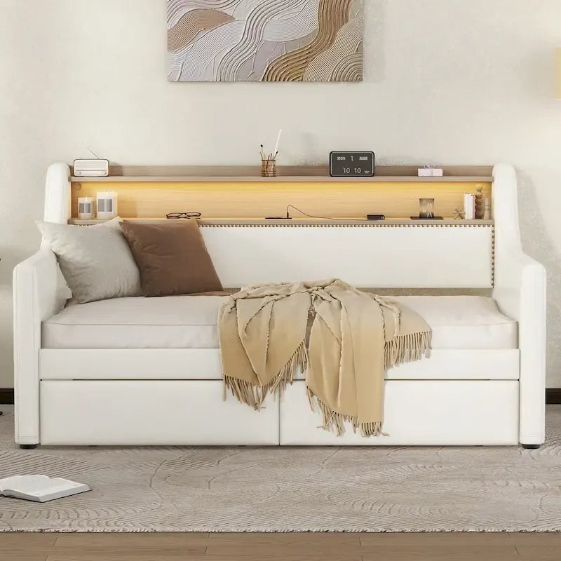 Twin Size Upholstered Daybed with Storage and LED