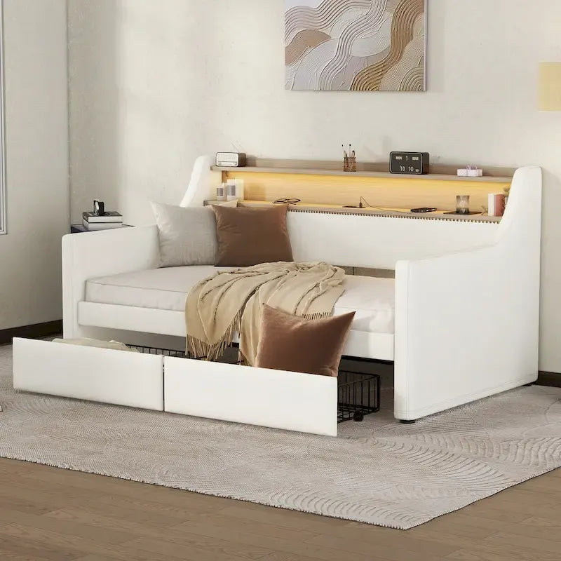 Twin Size Upholstered Daybed with Storage and LED