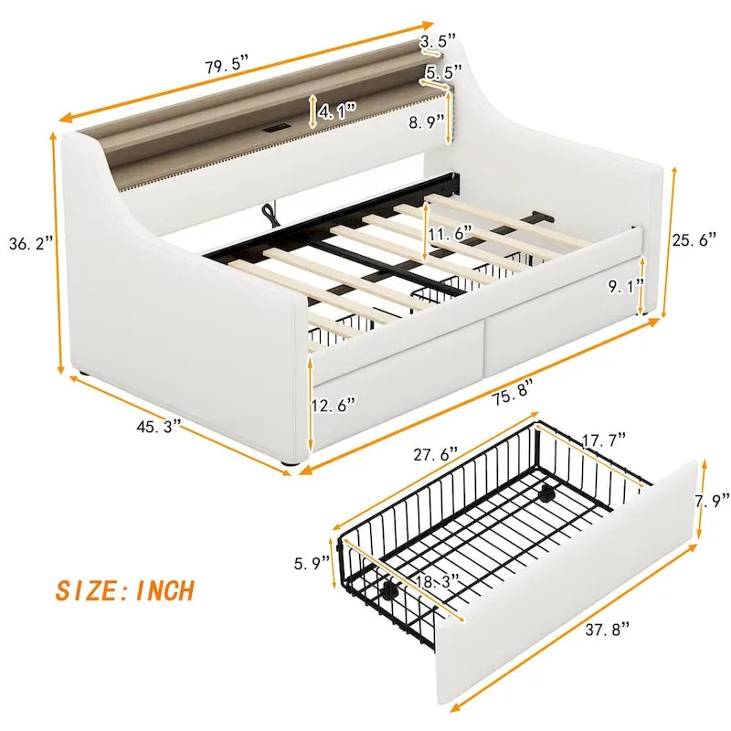 Twin Size Upholstered Daybed with Storage and LED