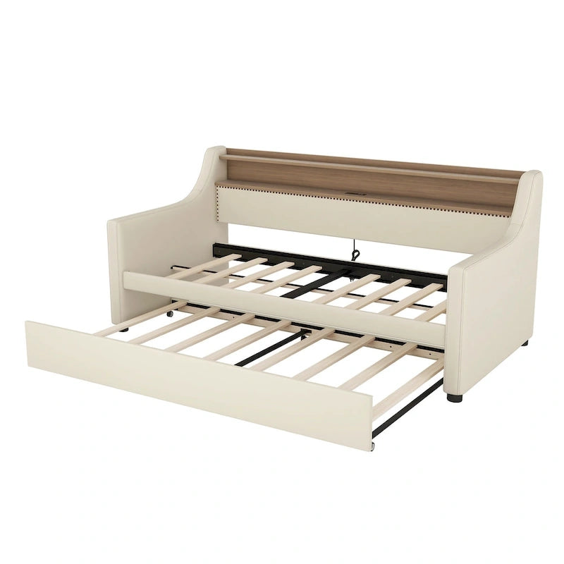 Twin Size Upholstered Daybed with Trundle and LED