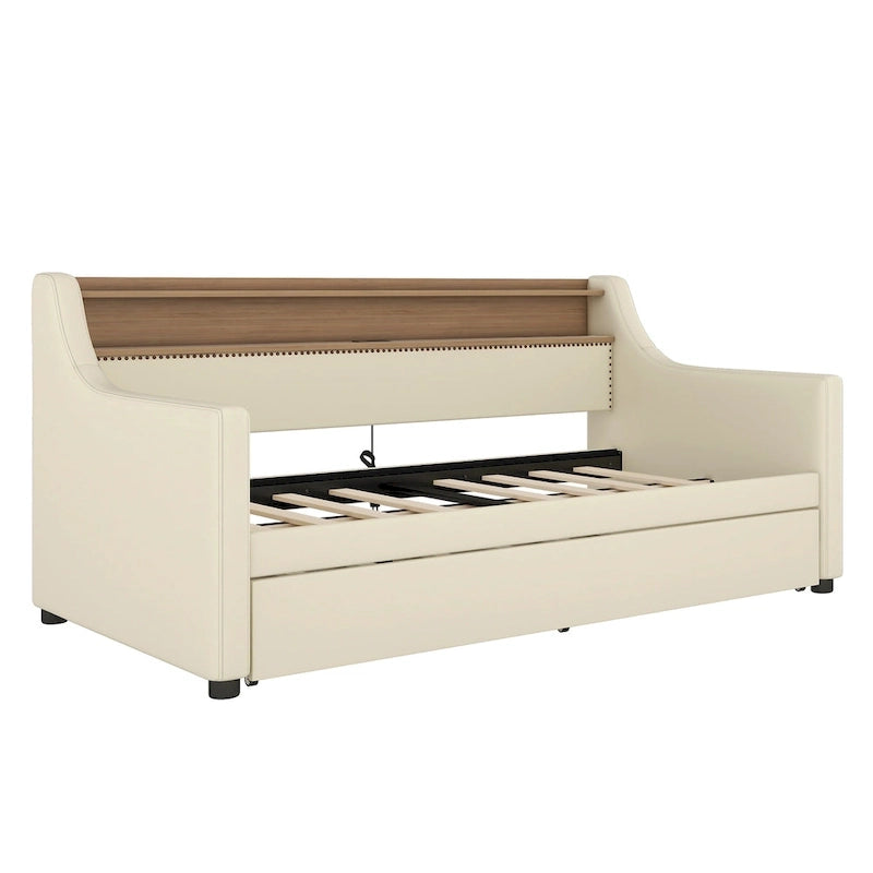 Twin Size Upholstered Daybed with Trundle and LED
