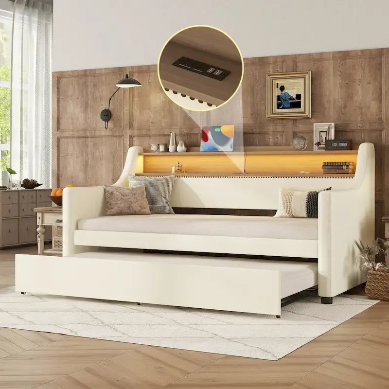 Twin Size Upholstered Daybed with Trundle and LED