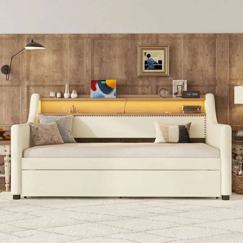 Twin Size Upholstered Daybed with Trundle and LED