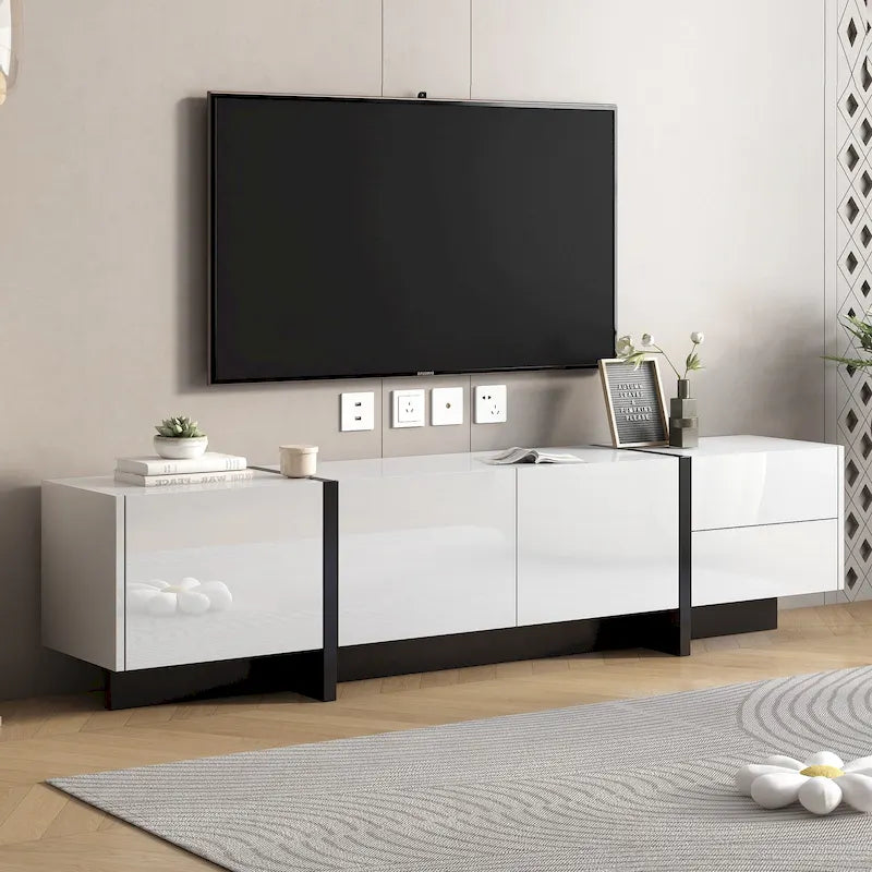White 74 TV Stand with High Gloss & Storage for TVs Up to 80