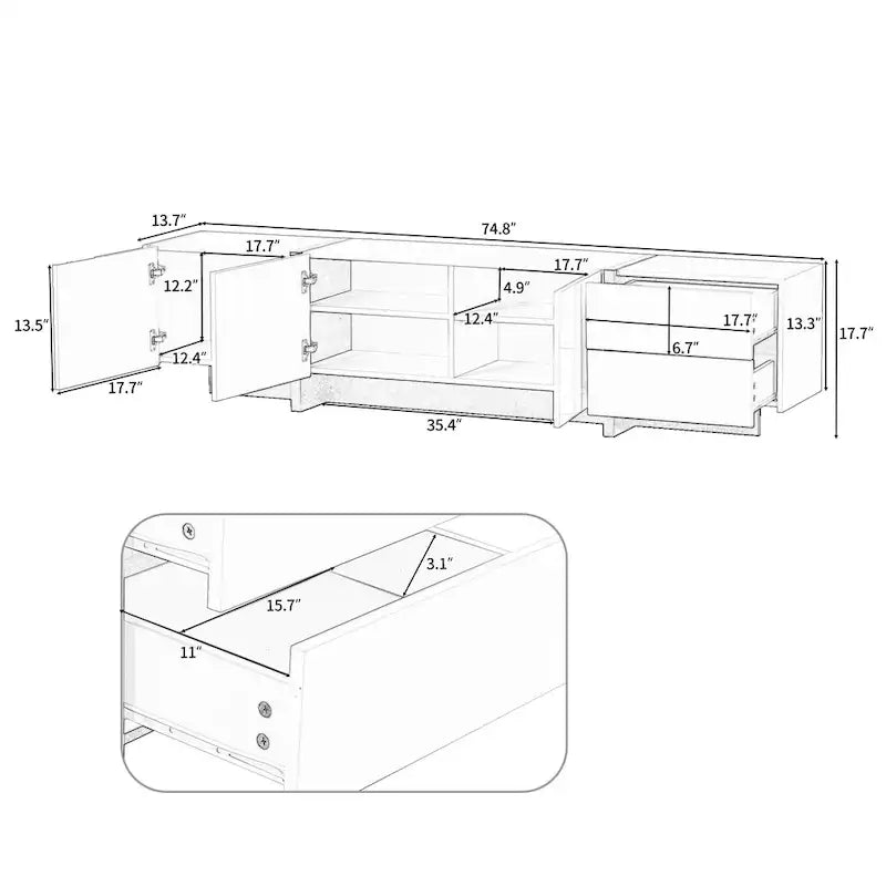 White 74 TV Stand with High Gloss & Storage for TVs Up to 80