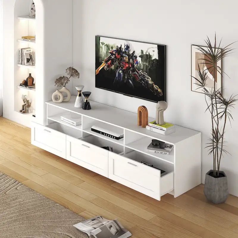 White 70 TV Stand with Open Storage & Drawers for Living Room