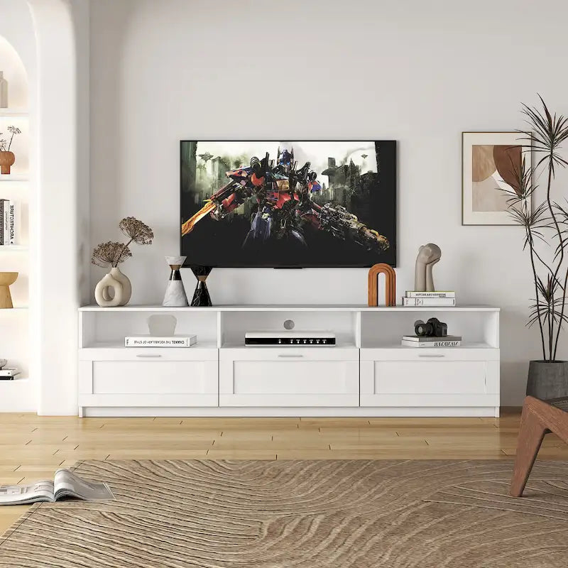 White 70 TV Stand with Open Storage & Drawers for Living Room