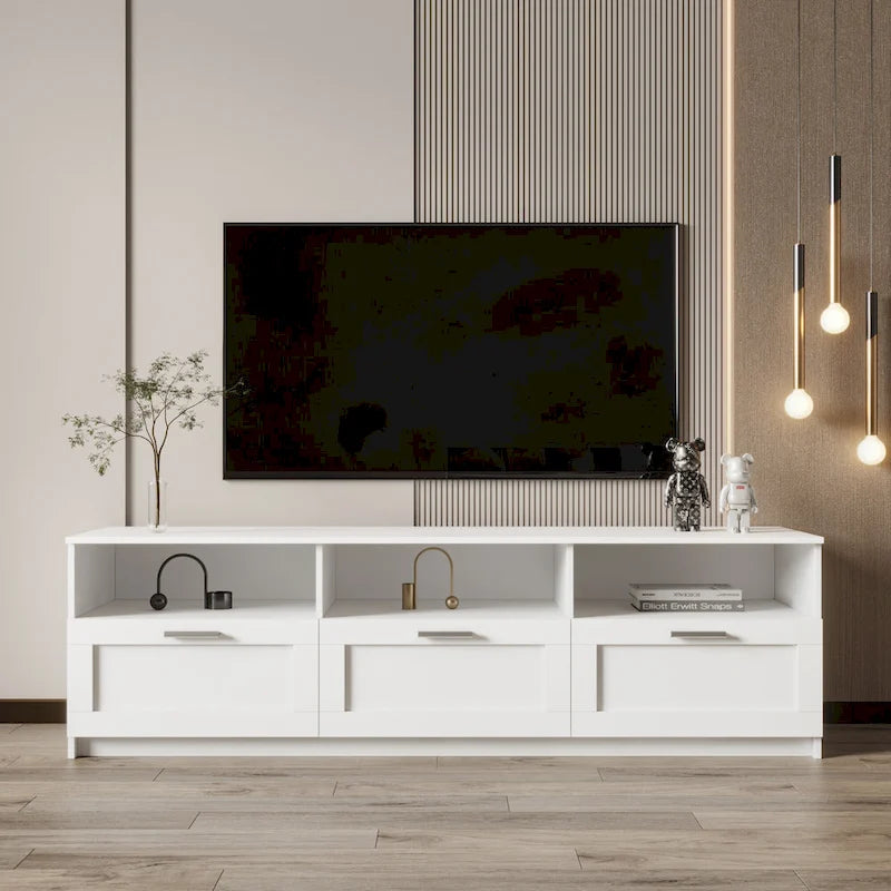 White 70 TV Stand with Open Storage & Drawers for Living Room