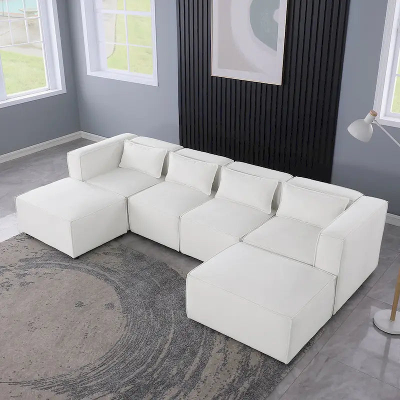 6-Piece Chenille Upholstered U-Shaped Modular Sectional Sofa with 2 Removable Ottoman and Free Combination Design