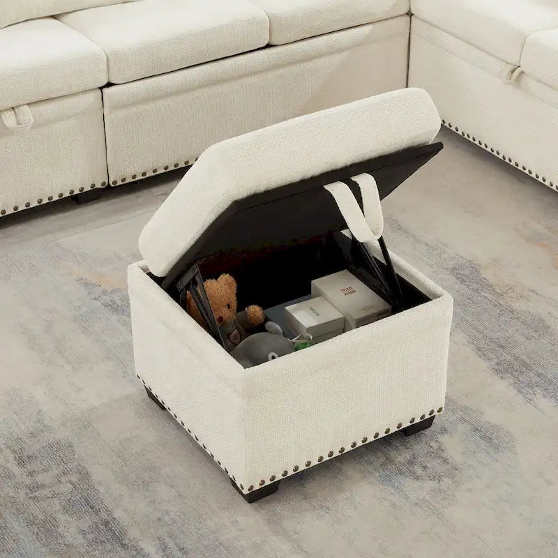 97 Chenille L-Shaped Sectional Sofa with Storage Ottoman, 7 Seats & 2 Pillows - Convertible Sleeper Sofa