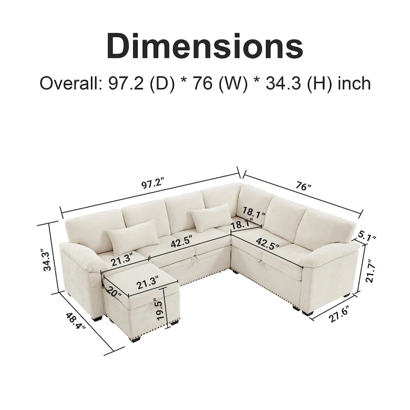 97 Chenille L-Shaped Sectional Sofa with Storage Ottoman, 7 Seats & 2 Pillows - Convertible Sleeper Sofa