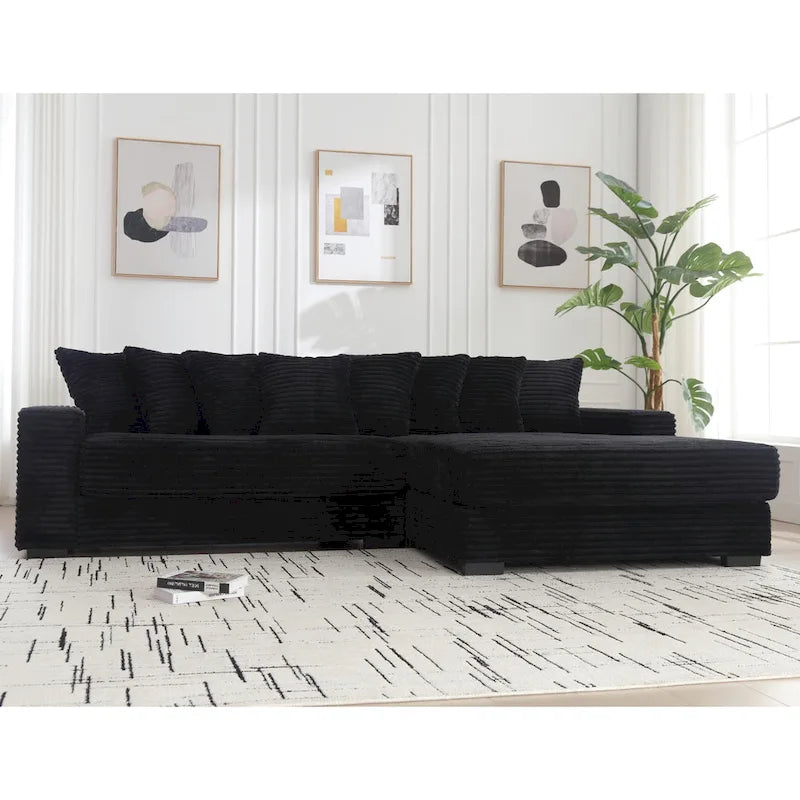 Black 111 Corduroy Upholstered L-Shaped Sectional Sofa with Oversized Right Chaise Longue and 8 Throw Pillows