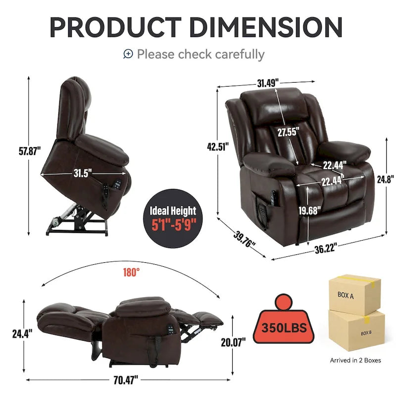 Medium-Sized Electric Power Lift Recliner Chair in Genuine Leather with Dual Motors, 8-Point Massage, Lumbar Heating