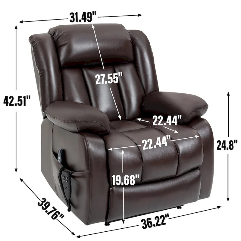 Medium-Sized Electric Power Lift Recliner Chair in Genuine Leather with Dual Motors, 8-Point Massage, Lumbar Heating