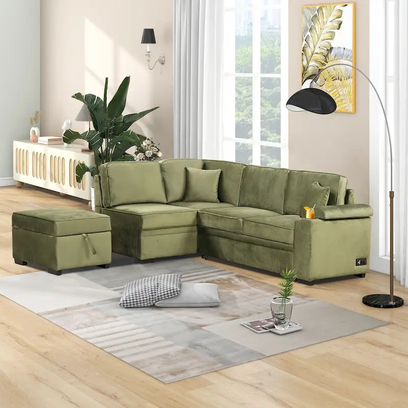 84.75 L-Shaped 5 Seater Sectional Sofa with Storage Ottoman, 2-in-1 Pull-Out Couch for Living Room