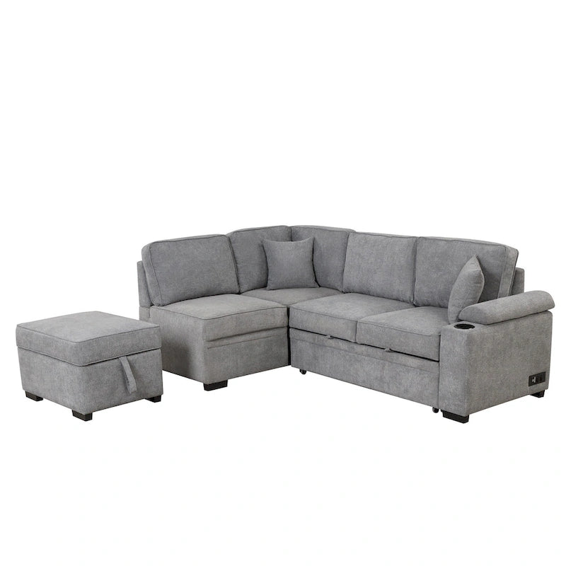 84.75 L-Shaped 5 Seater Sectional Sofa with Storage Ottoman, 2-in-1 Pull-Out Couch for Living Room