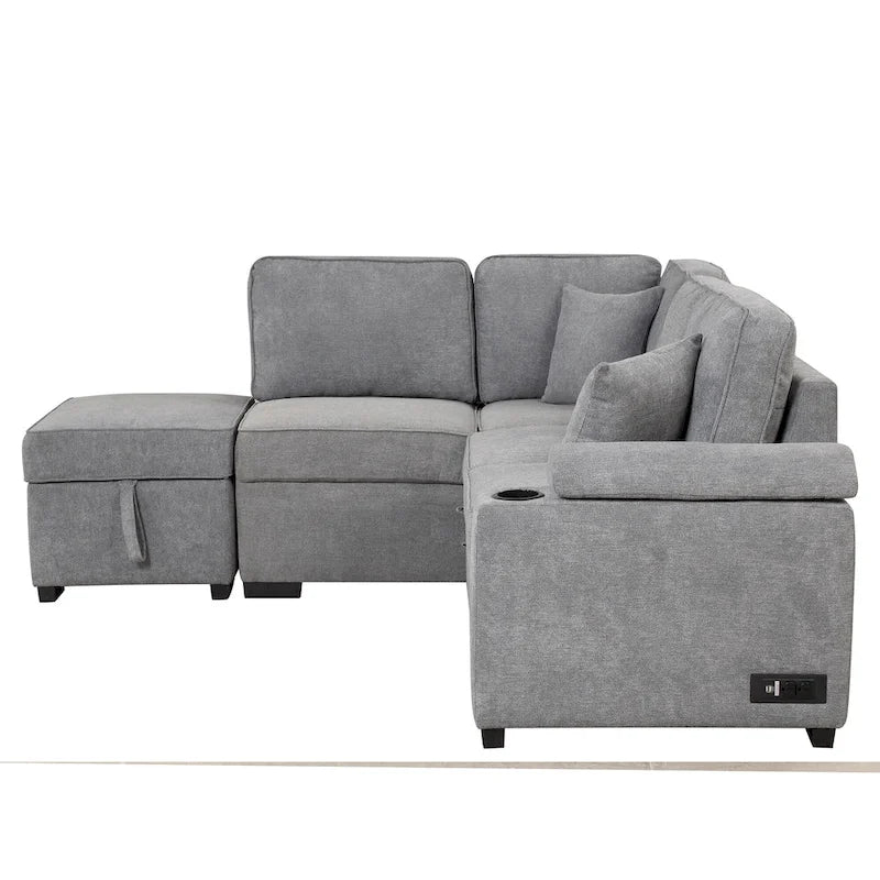 84.75 L-Shaped 5 Seater Sectional Sofa with Storage Ottoman, 2-in-1 Pull-Out Couch for Living Room
