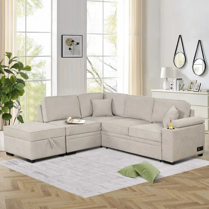 84.75 L-Shaped 5 Seater Sectional Sofa with Storage Ottoman, 2-in-1 Pull-Out Couch for Living Room