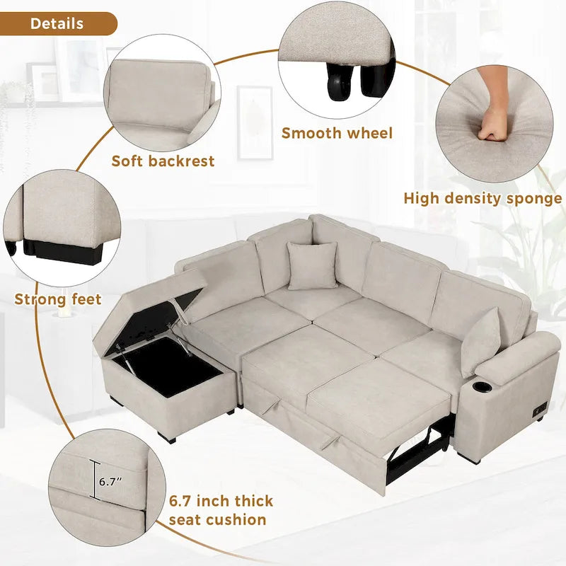 84.75 L-Shaped 5 Seater Sectional Sofa with Storage Ottoman, 2-in-1 Pull-Out Couch for Living Room